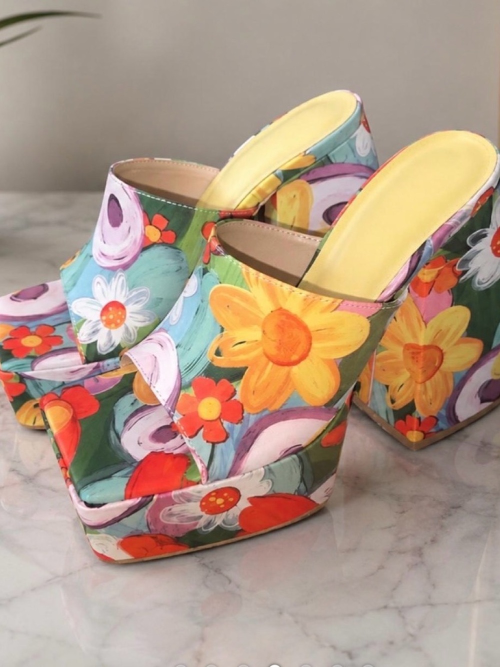 SHEIN Yellow Floral Platform Mule Heels